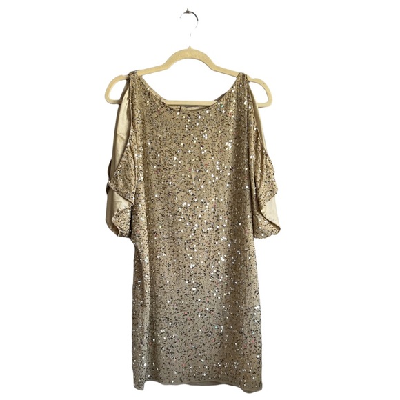 Aidan Mattox Gold Sequins Dress Cold Shoulder Size 2 - Picture 4 of 13
